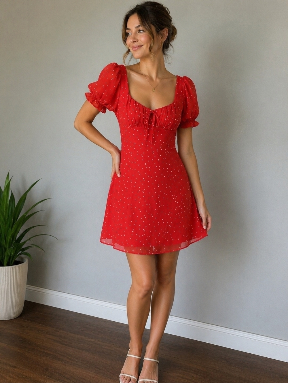 B. Darlin Red Polka Dot Puff-Sleeve Mini Dress